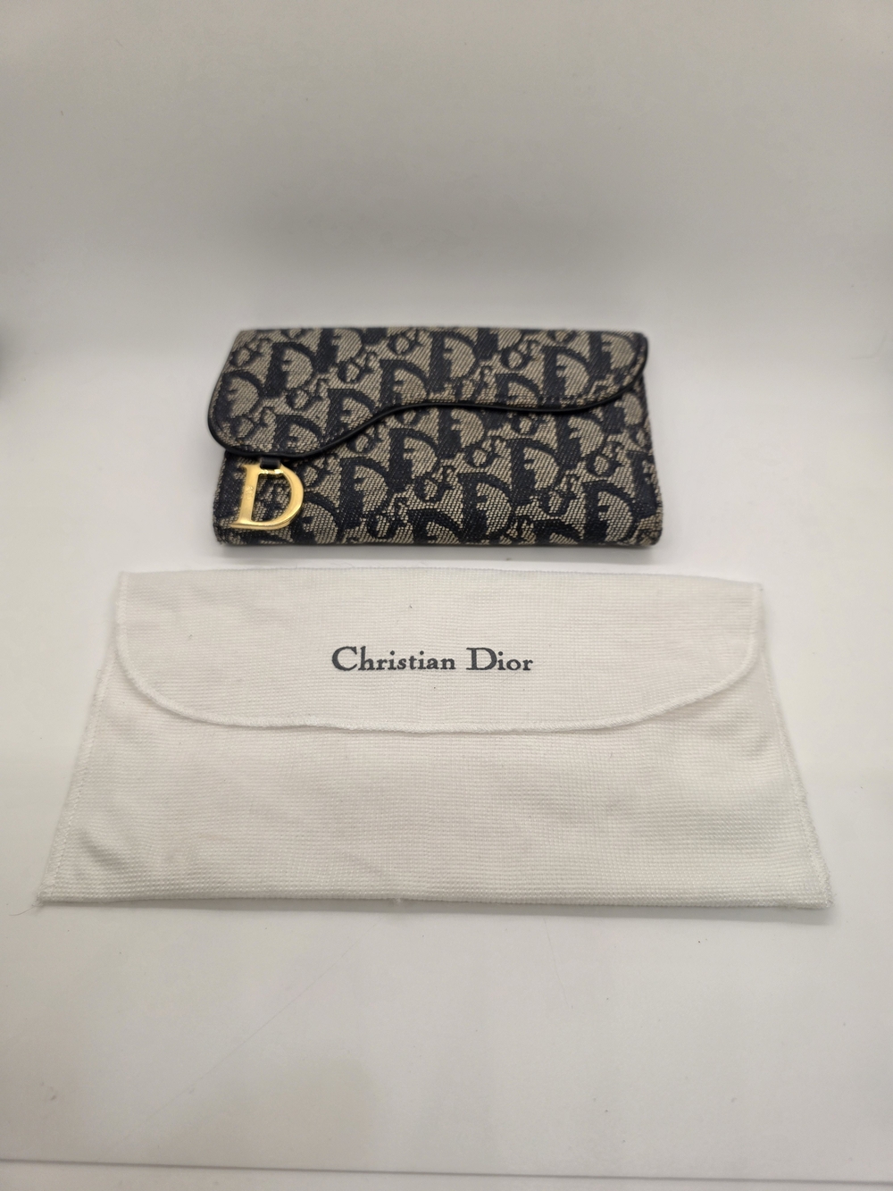 Dior Oblique Canvas Wallet in Navy and Beige with Gold 'D' Accent